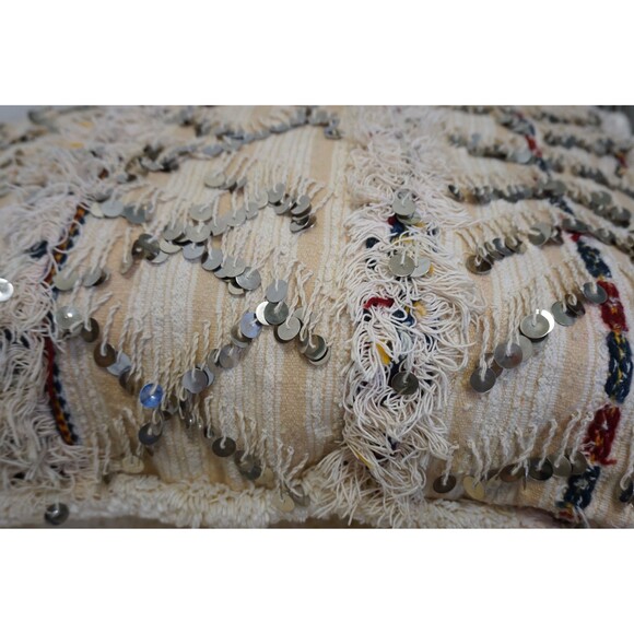 Vintage Moroccan Wedding Blanket Pillow: White Handira Lumbar Cushion 03YL0456 - Picture 5 of 10